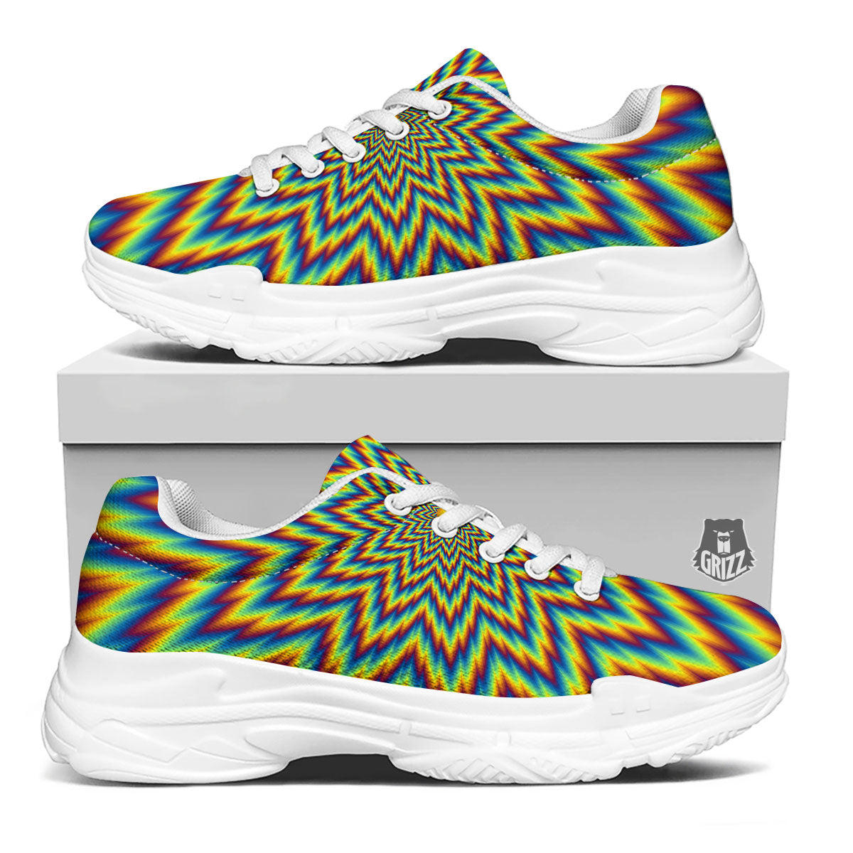 Moving Optical Illusion Spiral Expansion White Chunky Shoes-grizzshop
