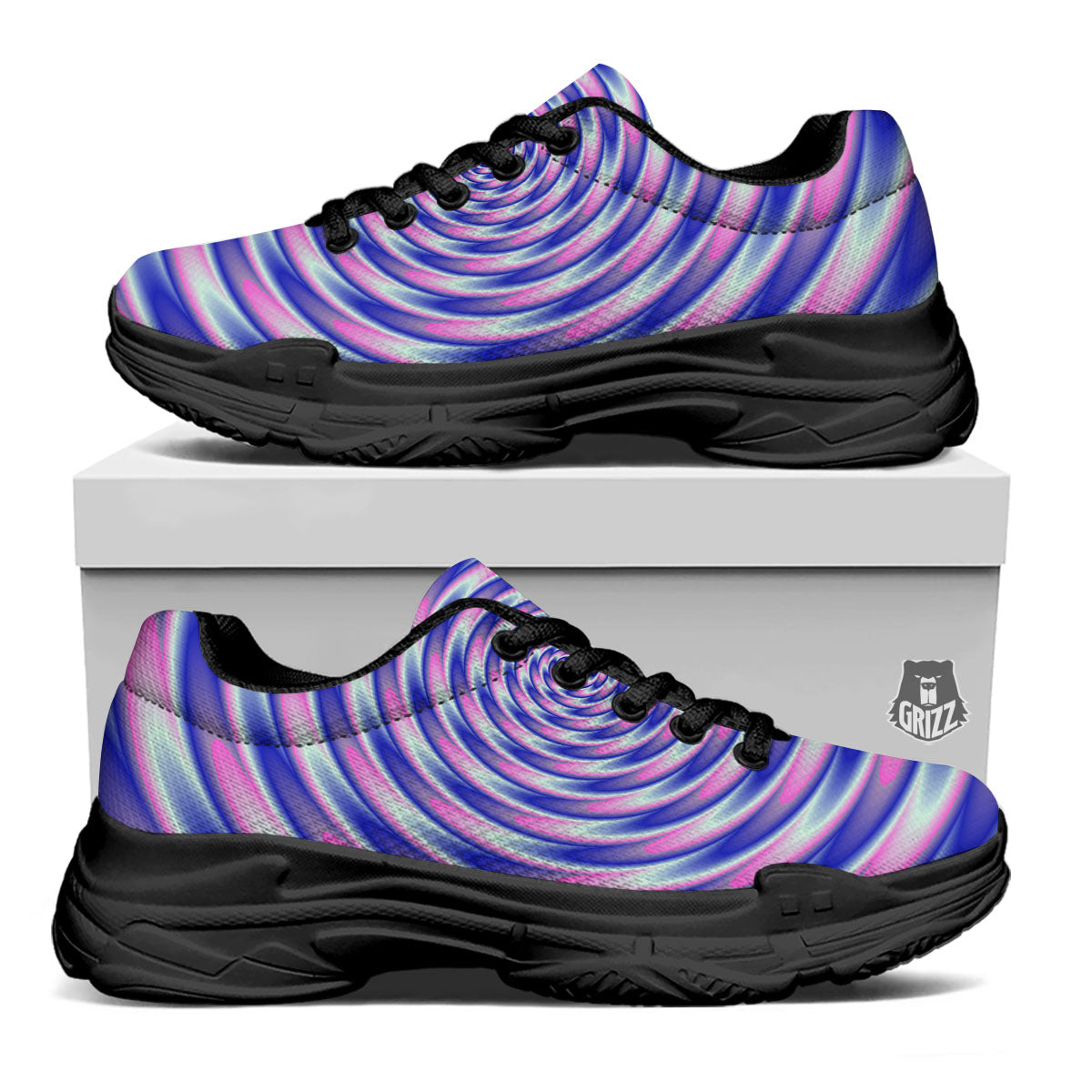 Moving Optical Illusion Twisted Colors Black Chunky Shoes-grizzshop