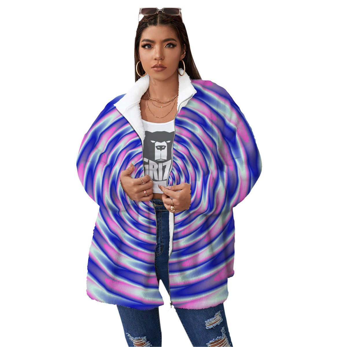 Moving Optical Illusion Twisted Colors Women's Sherpa Jacket-grizzshop