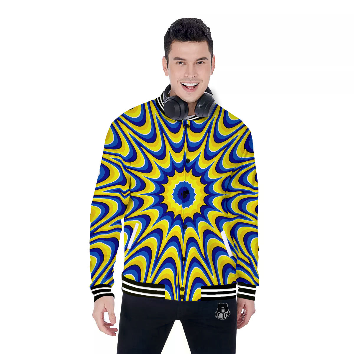 Moving Optical Yellow Dizzy Illusion Baseball Jacket-grizzshop