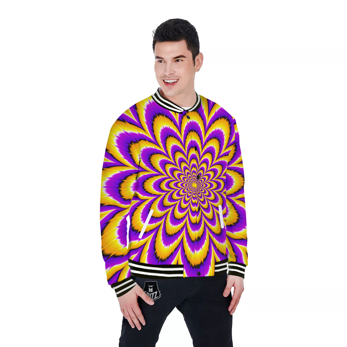 Moving Optical Yellow Flower Illusion Baseball Jacket-grizzshop
