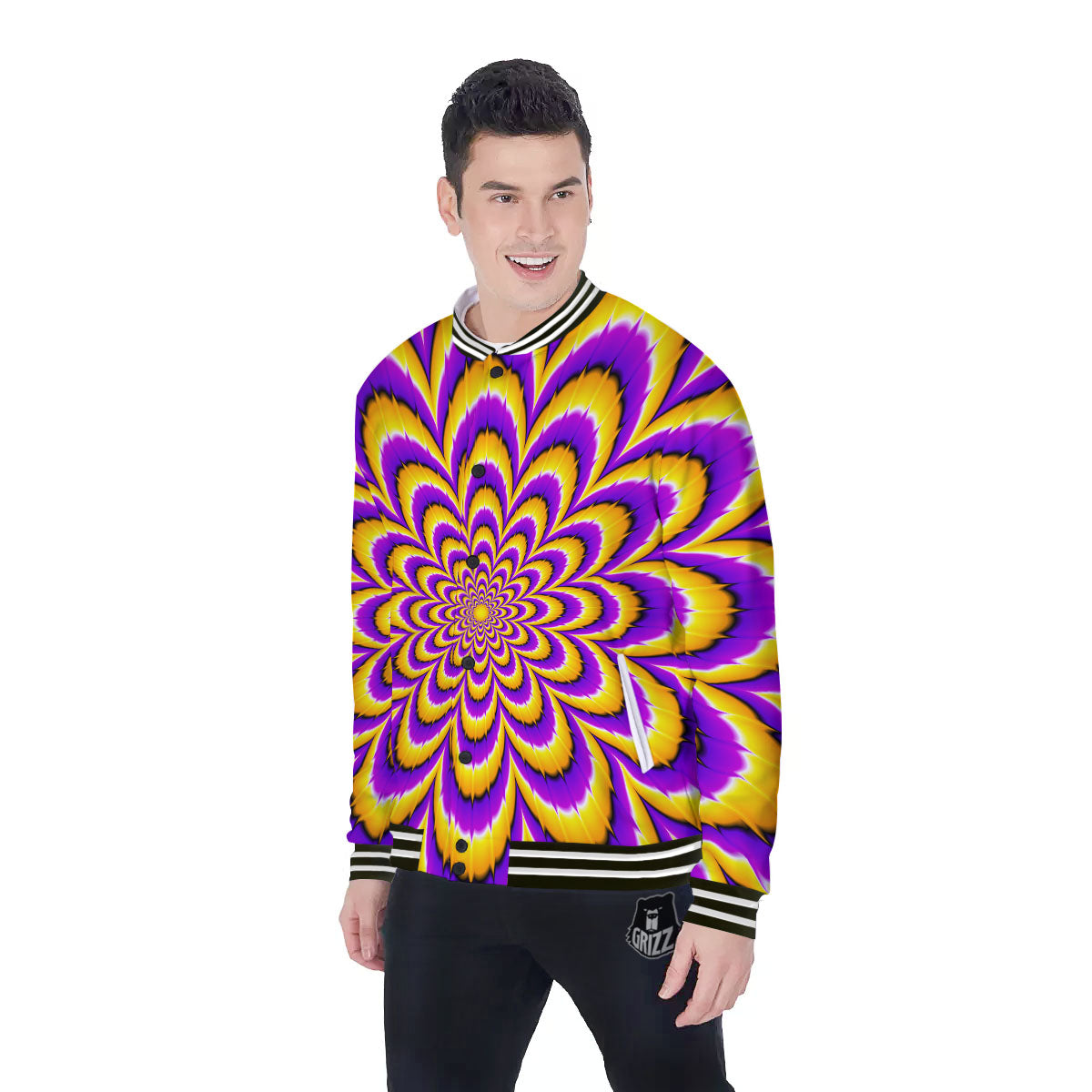 Moving Optical Yellow Flower Illusion Baseball Jacket-grizzshop