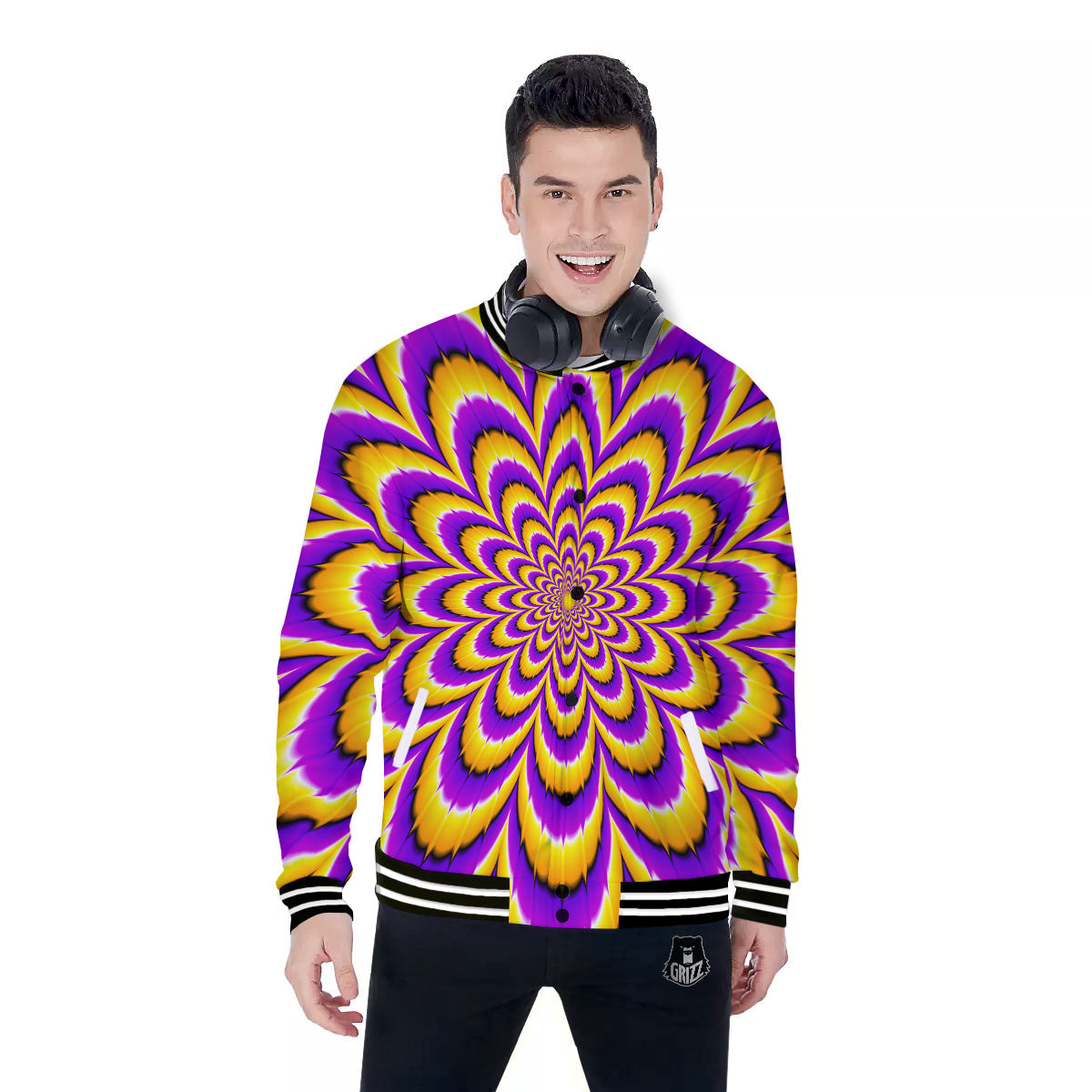 Moving Optical Yellow Flower Illusion Baseball Jacket-grizzshop