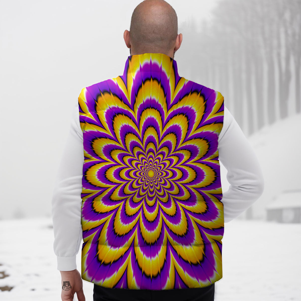 Moving Optical Yellow Flower Illusion Down Vest-grizzshop