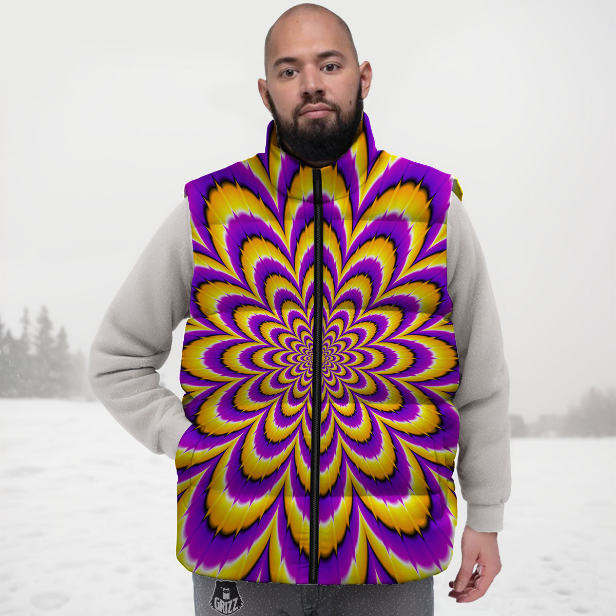 Moving Optical Yellow Flower Illusion Down Vest-grizzshop
