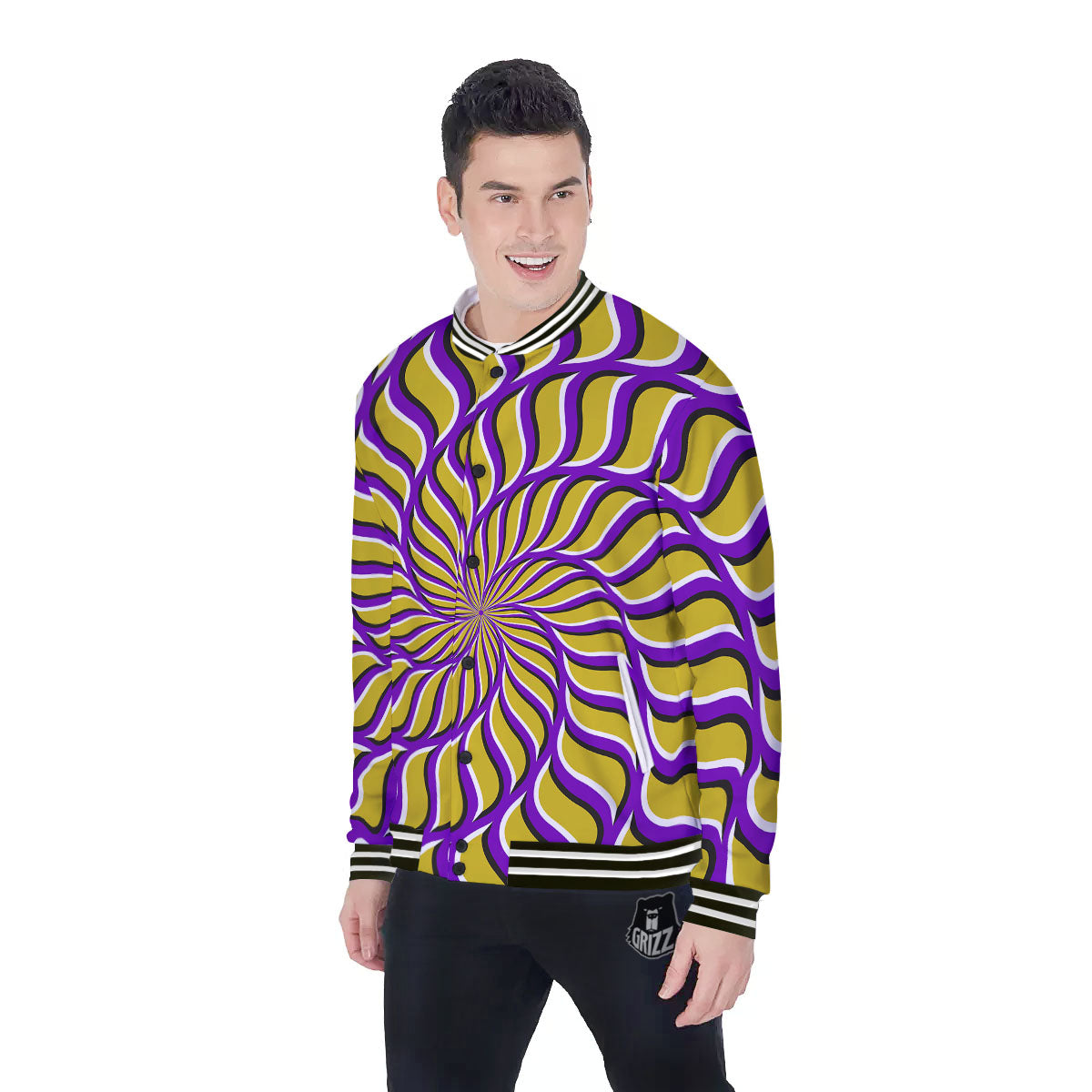 Moving Optical Yellow Spiral Illusion Baseball Jacket-grizzshop