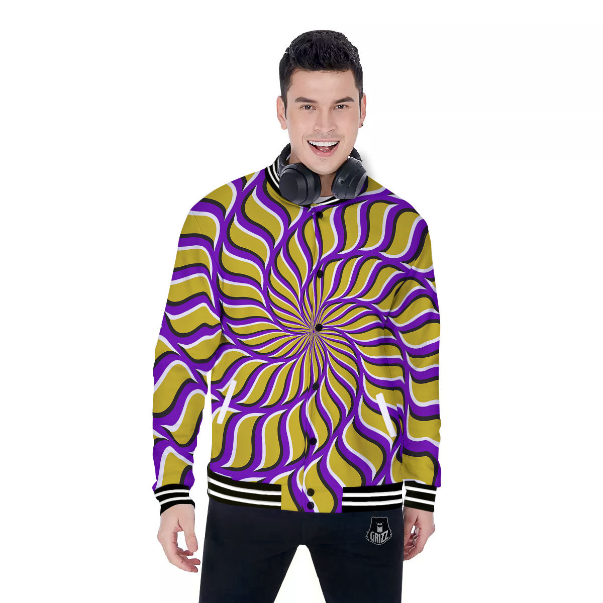 Moving Optical Yellow Spiral Illusion Baseball Jacket-grizzshop