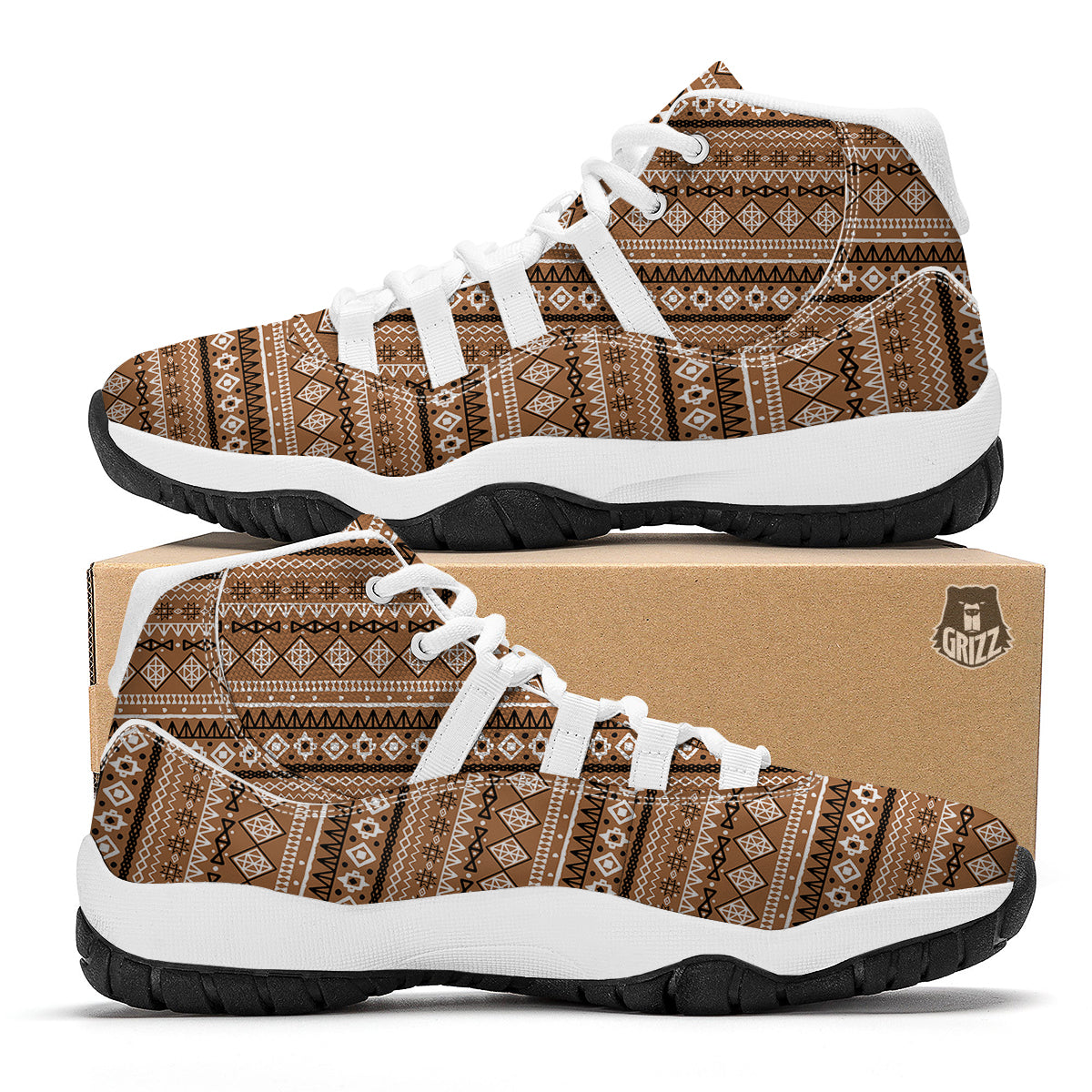Mudcloth Brown Ethnic Print Pattern White Bball Shoes-grizzshop