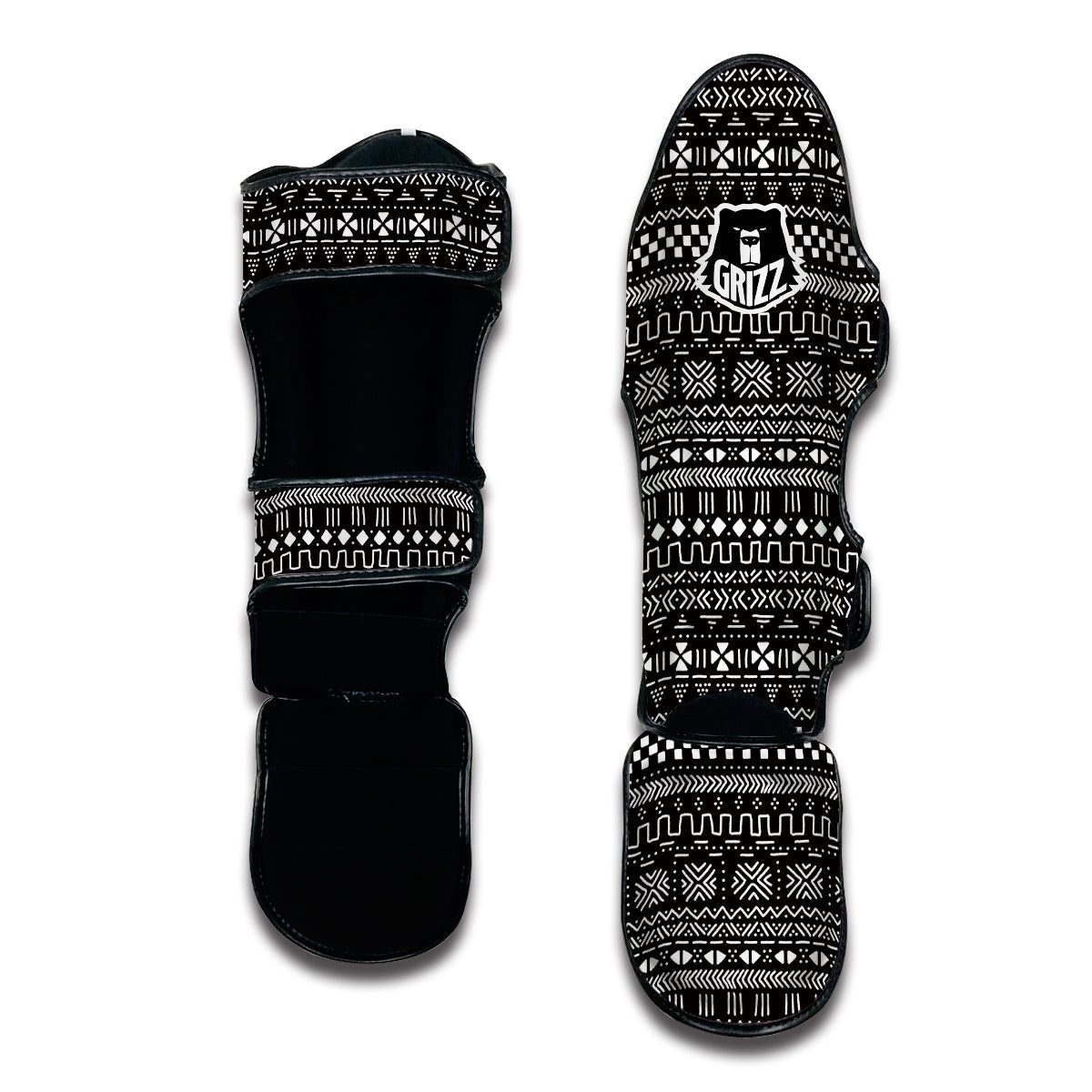 Mudcloth Ethnic Black White Print Pattern Muay Thai Shin Guards-grizzshop