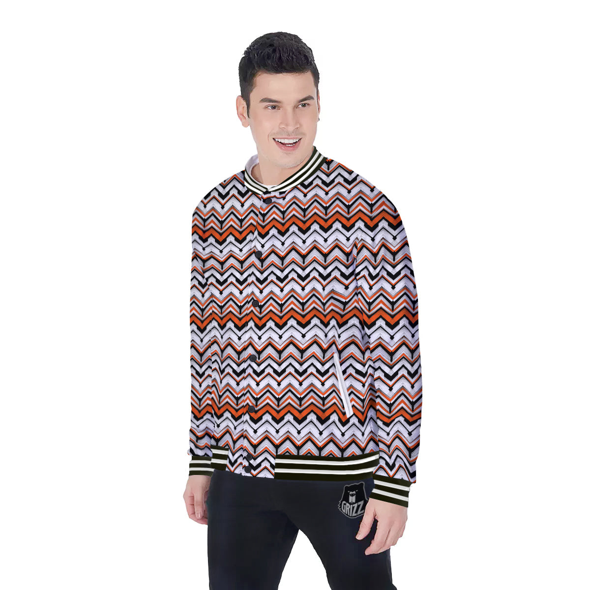 Multicolor Hand Drawn Zigzag Print Baseball Jacket-grizzshop