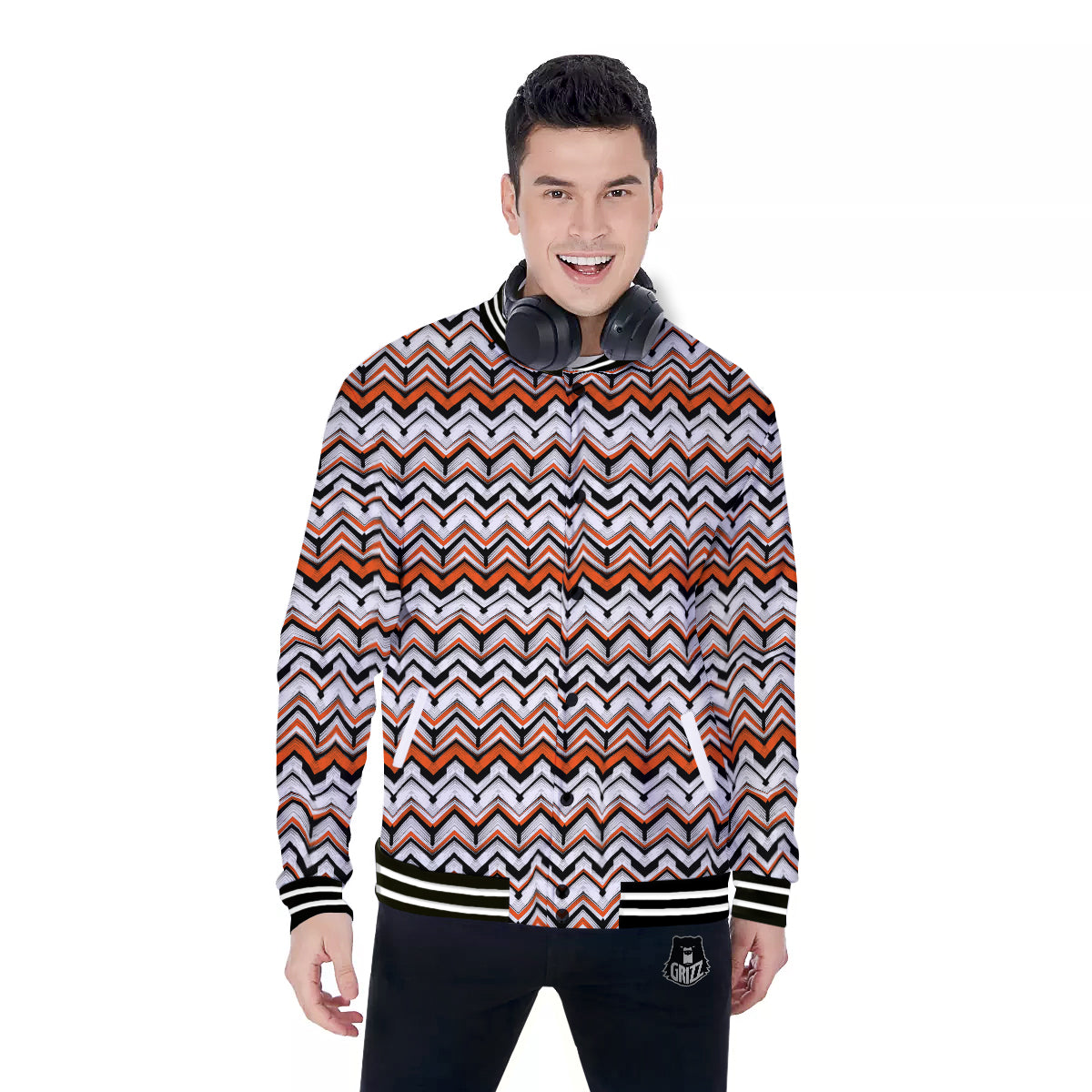 Multicolor Hand Drawn Zigzag Print Baseball Jacket-grizzshop