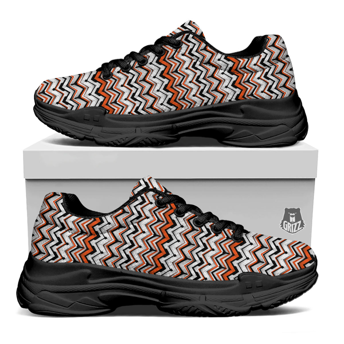 Multicolor Hand Drawn Zigzag Print Black Chunky Shoes-grizzshop