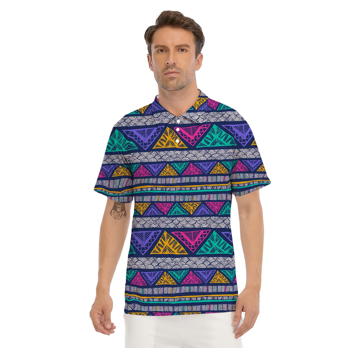 Multicolor Native Aztec Abstract Doodle Men's Golf Shirts-grizzshop