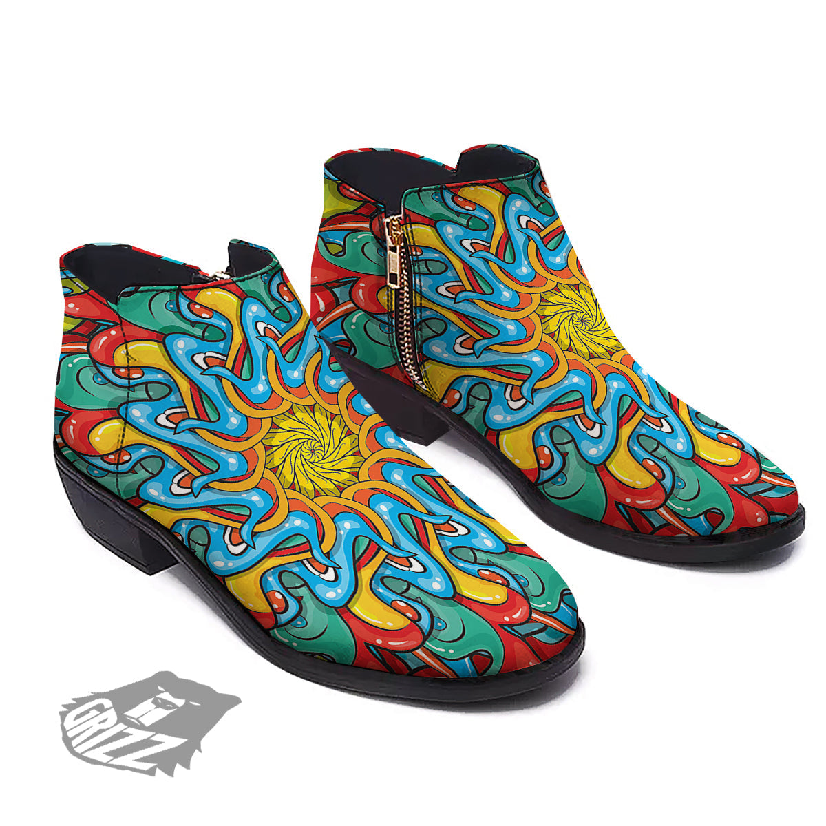 Multicolor Psychedelic Hippie Print Ankle Boots-grizzshop