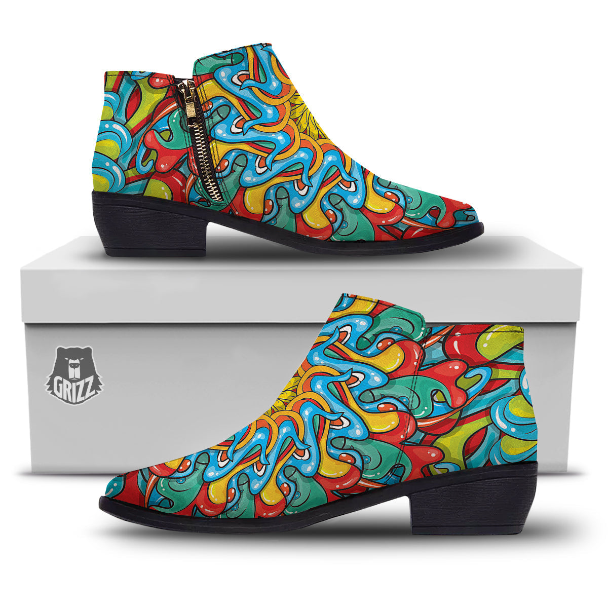 Multicolor Psychedelic Hippie Print Ankle Boots-grizzshop