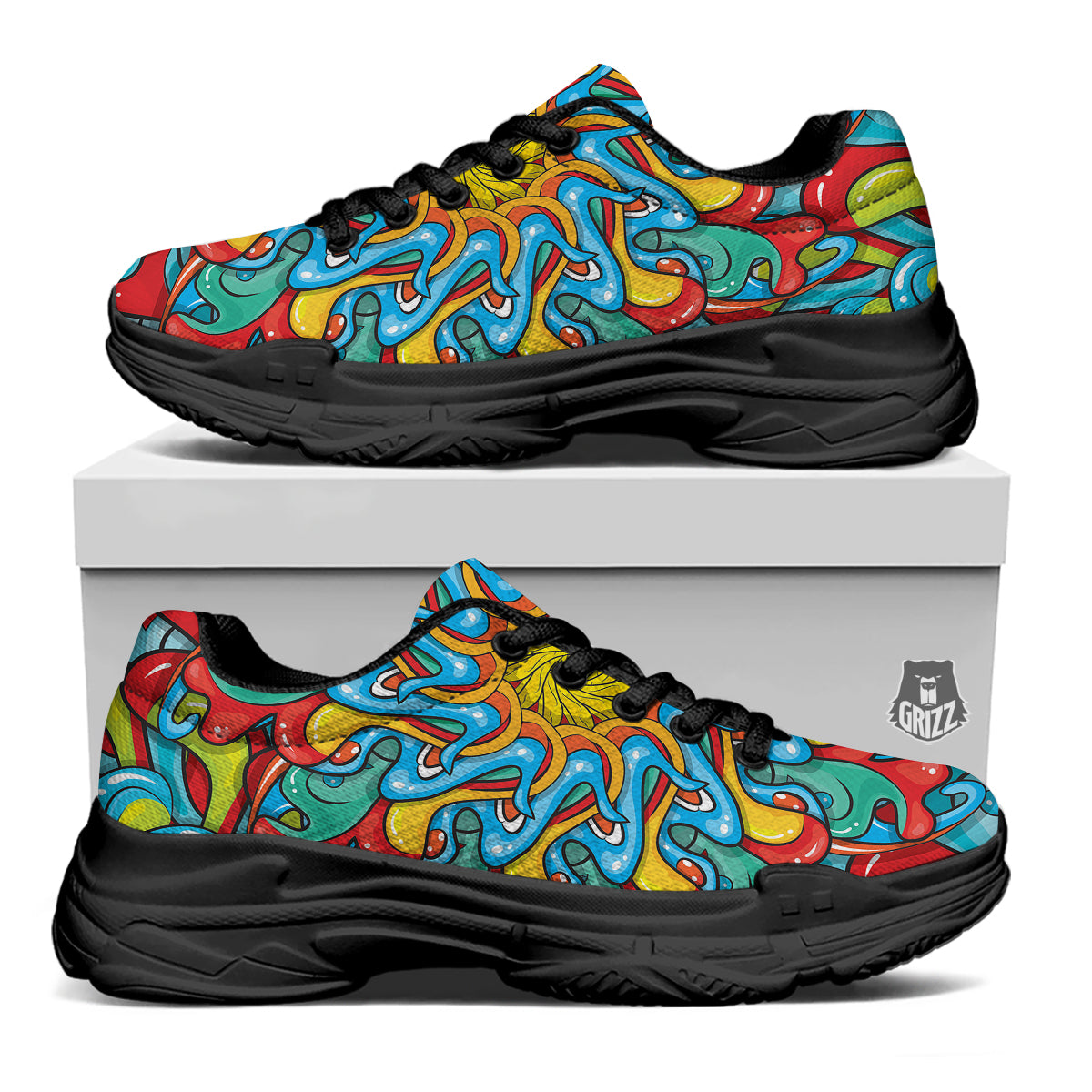 Multicolor Psychedelic Hippie Print Black Chunky Shoes-grizzshop