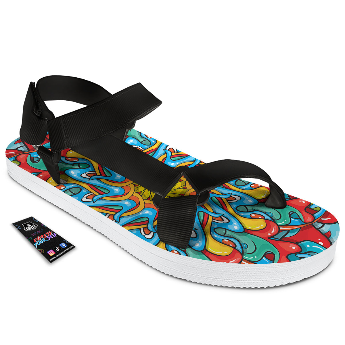 Multicolor Psychedelic Hippie Print Black Open Toe Sandals-grizzshop