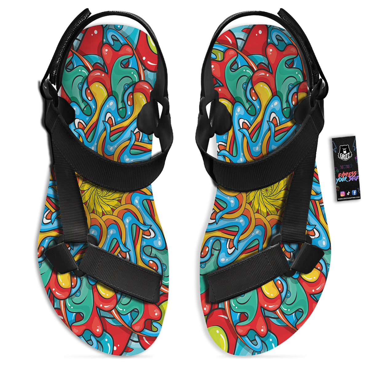 Multicolor Psychedelic Hippie Print Black Open Toe Sandals-grizzshop