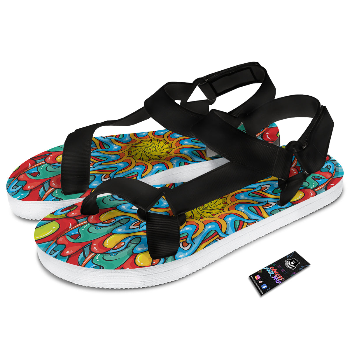 Multicolor Psychedelic Hippie Print Black Open Toe Sandals-grizzshop