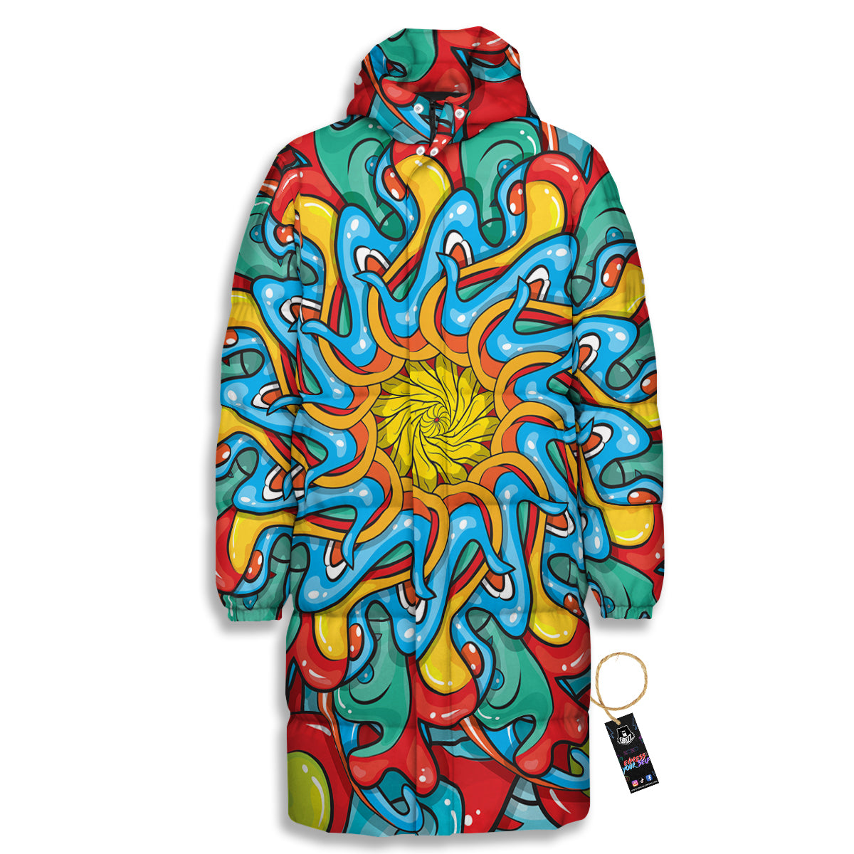 Multicolor Psychedelic Hippie Print Long Down Jacket-grizzshop