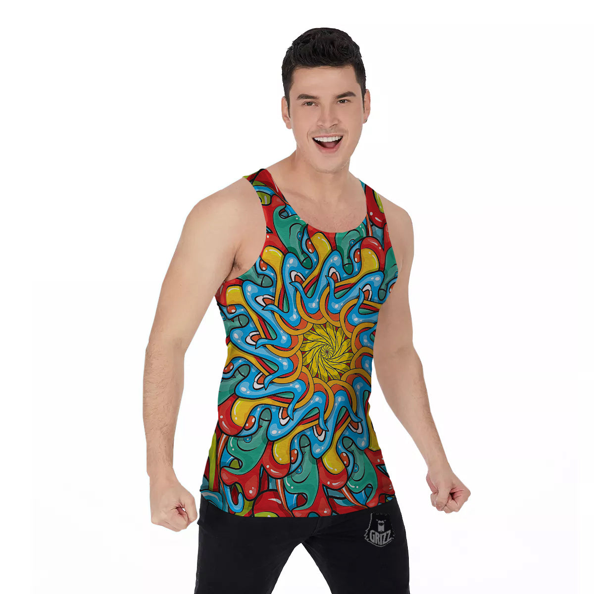 Multicolor Psychedelic Hippie Print Men's Tank Top-grizzshop