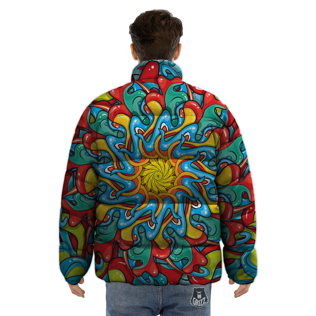 Multicolor Psychedelic Hippie Print Puffer Jacket-grizzshop