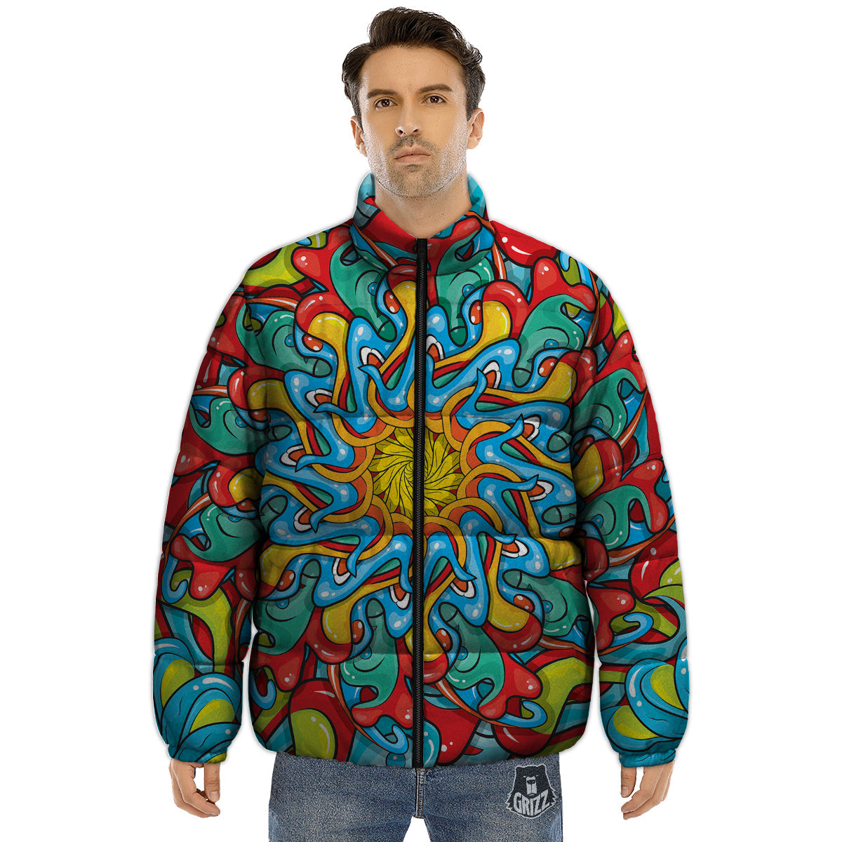 Multicolor Psychedelic Hippie Print Puffer Jacket-grizzshop
