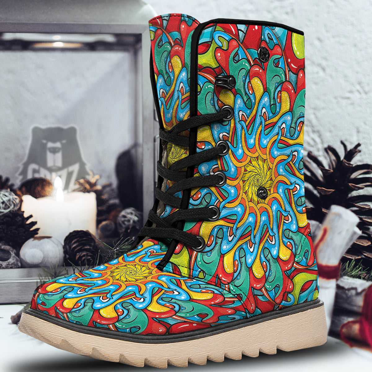 Multicolor Psychedelic Hippie Print Snow Boots-grizzshop
