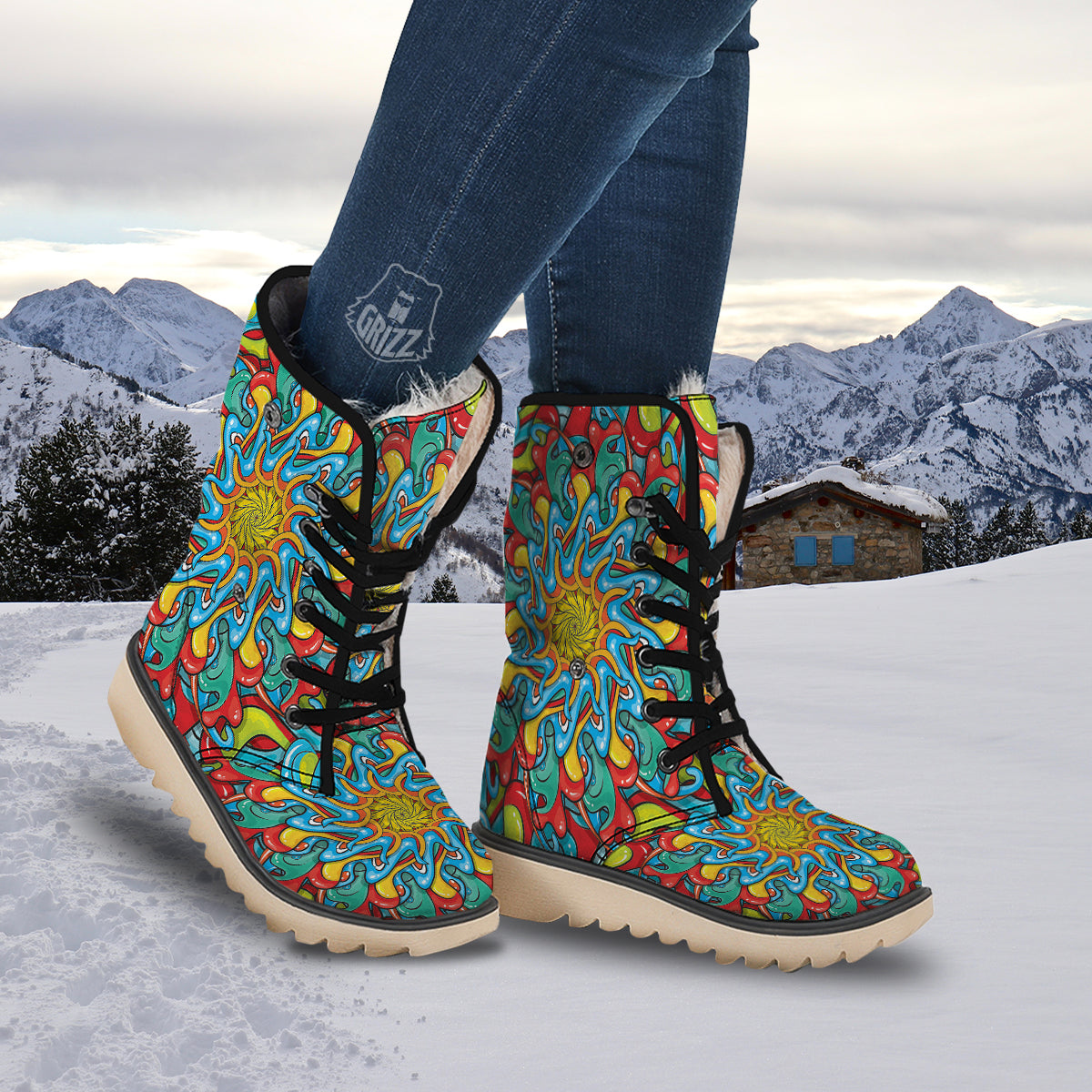 Multicolor Psychedelic Hippie Print Snow Boots-grizzshop