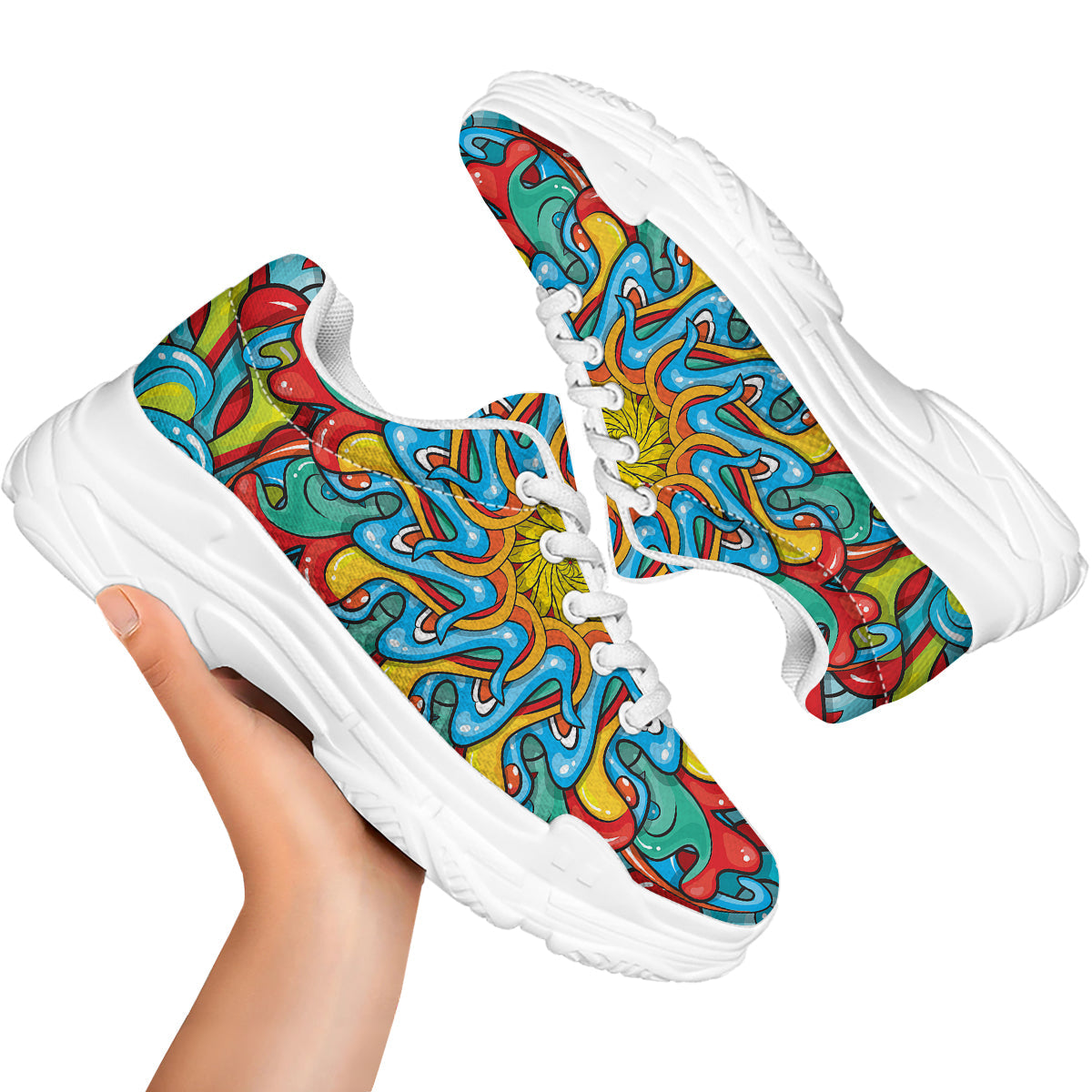 Multicolor Psychedelic Hippie Print White Chunky Shoes-grizzshop
