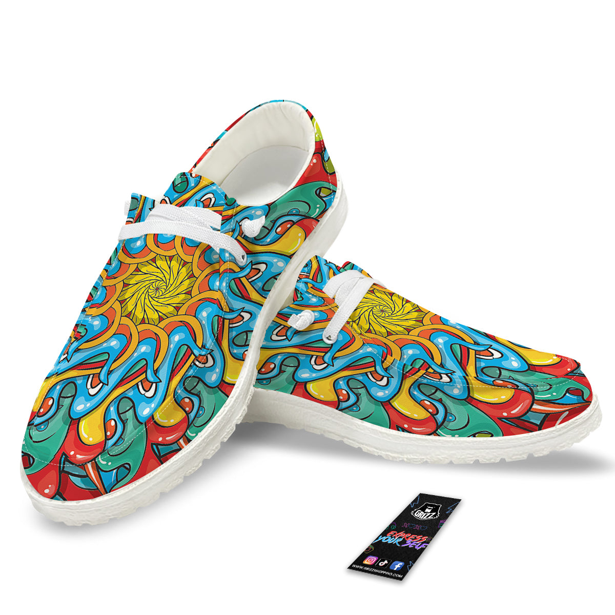 Multicolor Psychedelic Hippie Print White Loafers-grizzshop