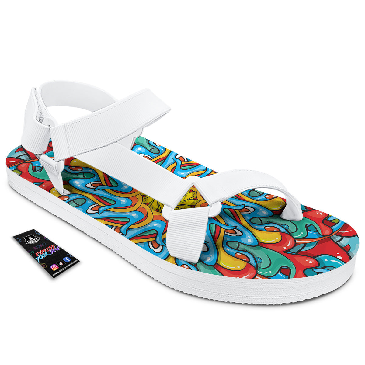 Multicolor Psychedelic Hippie Print White Open Toe Sandals-grizzshop