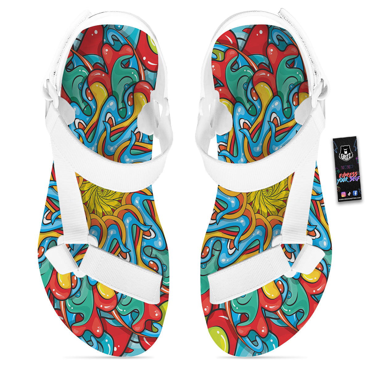 Multicolor Psychedelic Hippie Print White Open Toe Sandals-grizzshop