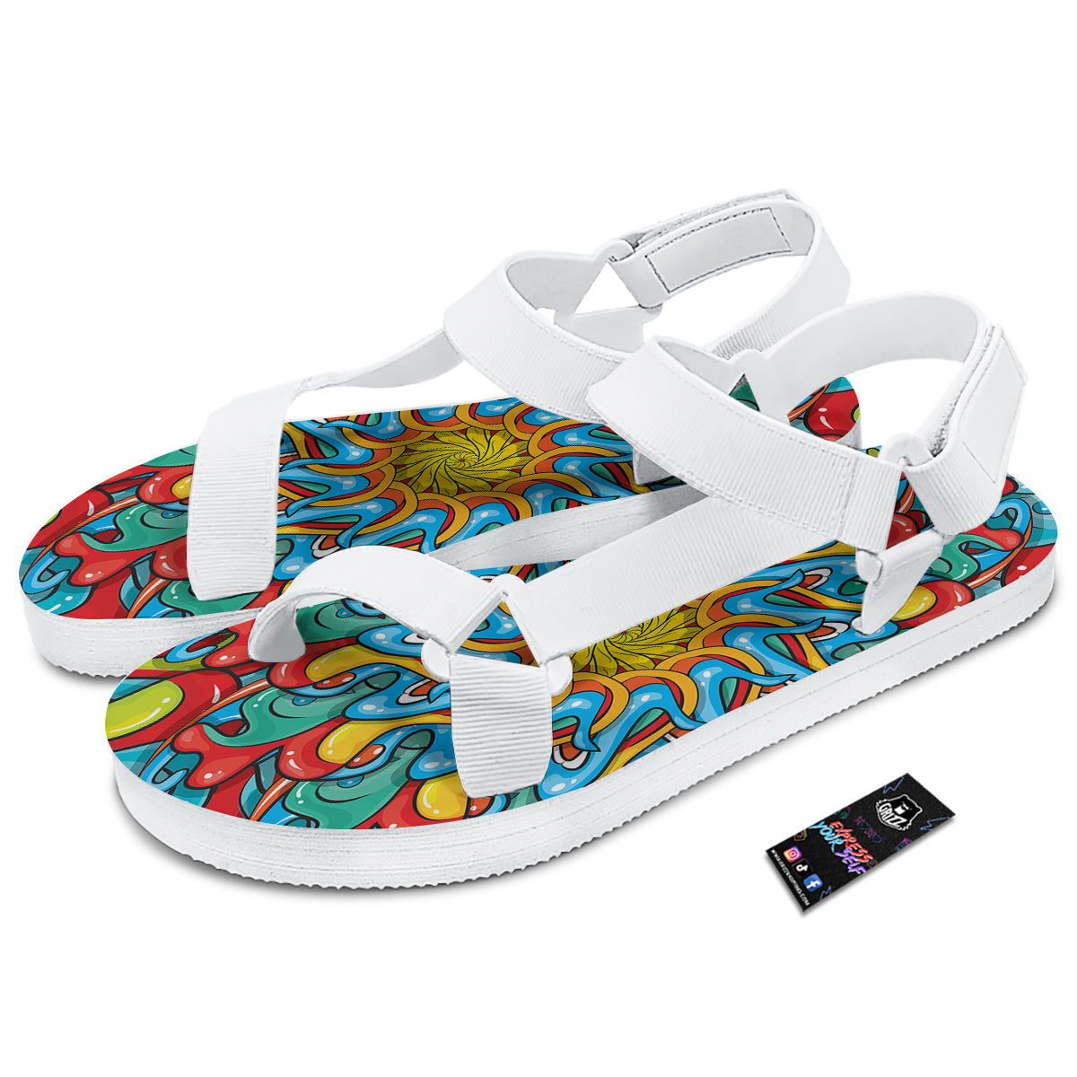 Multicolor Psychedelic Hippie Print White Open Toe Sandals-grizzshop