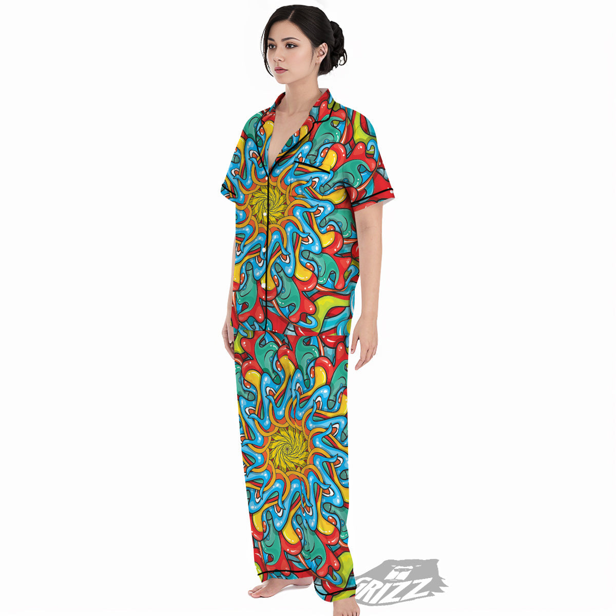 Multicolor Psychedelic Hippie Print Women's Pajamas Set-grizzshop