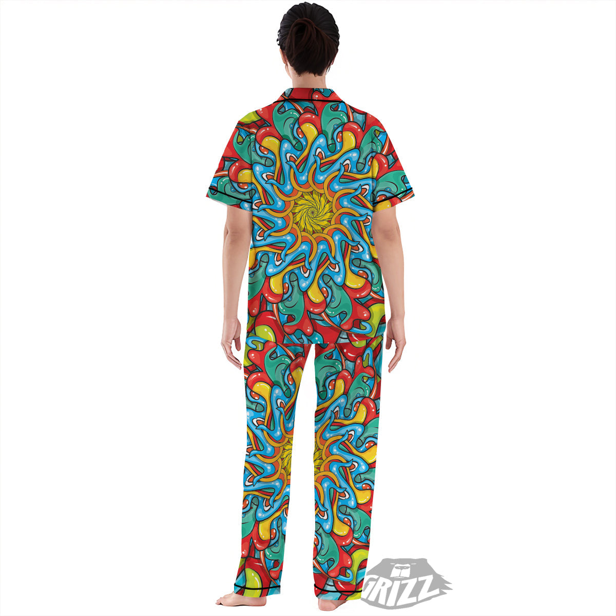 Multicolor Psychedelic Hippie Print Women's Pajamas Set-grizzshop