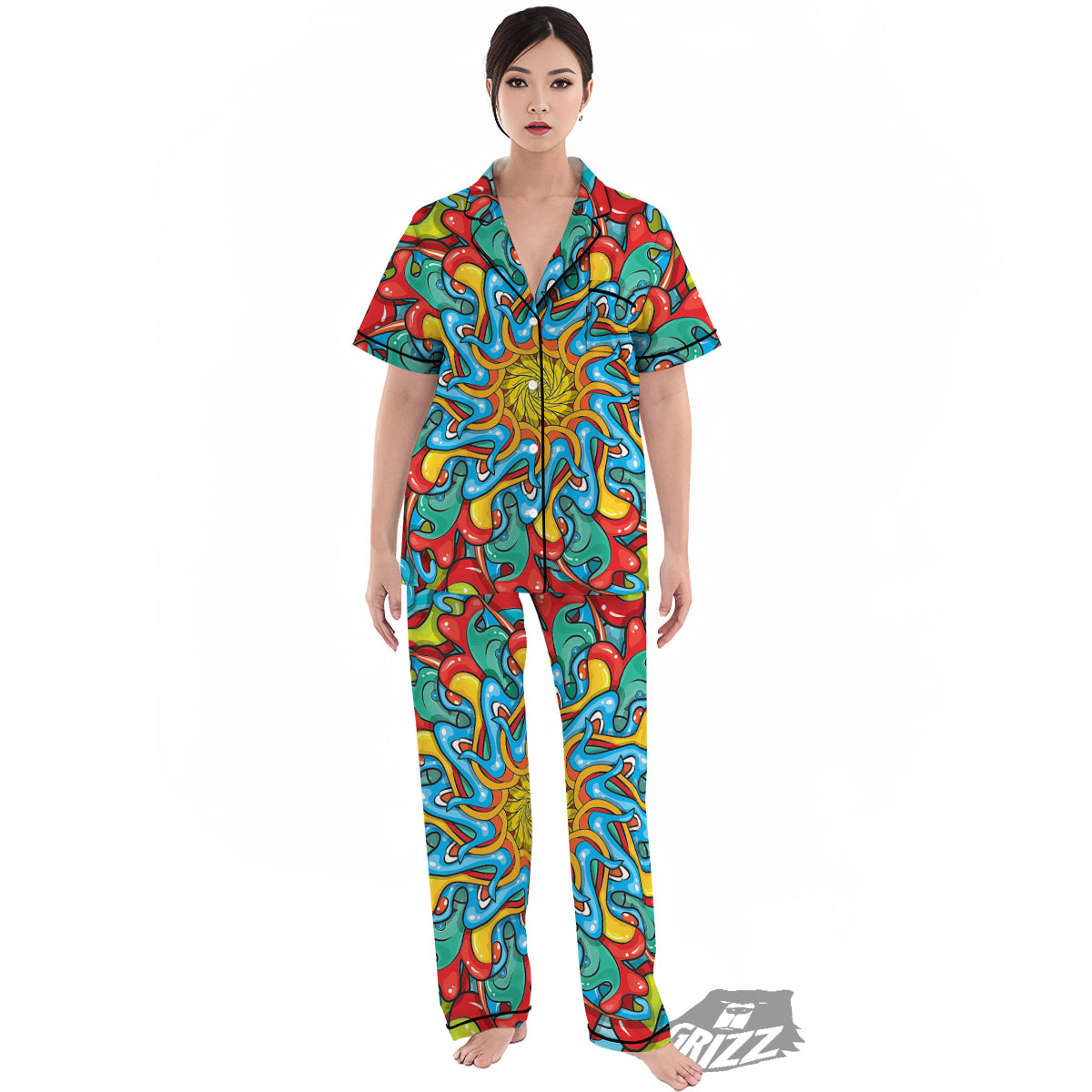 Multicolor Psychedelic Hippie Print Women's Pajamas Set-grizzshop