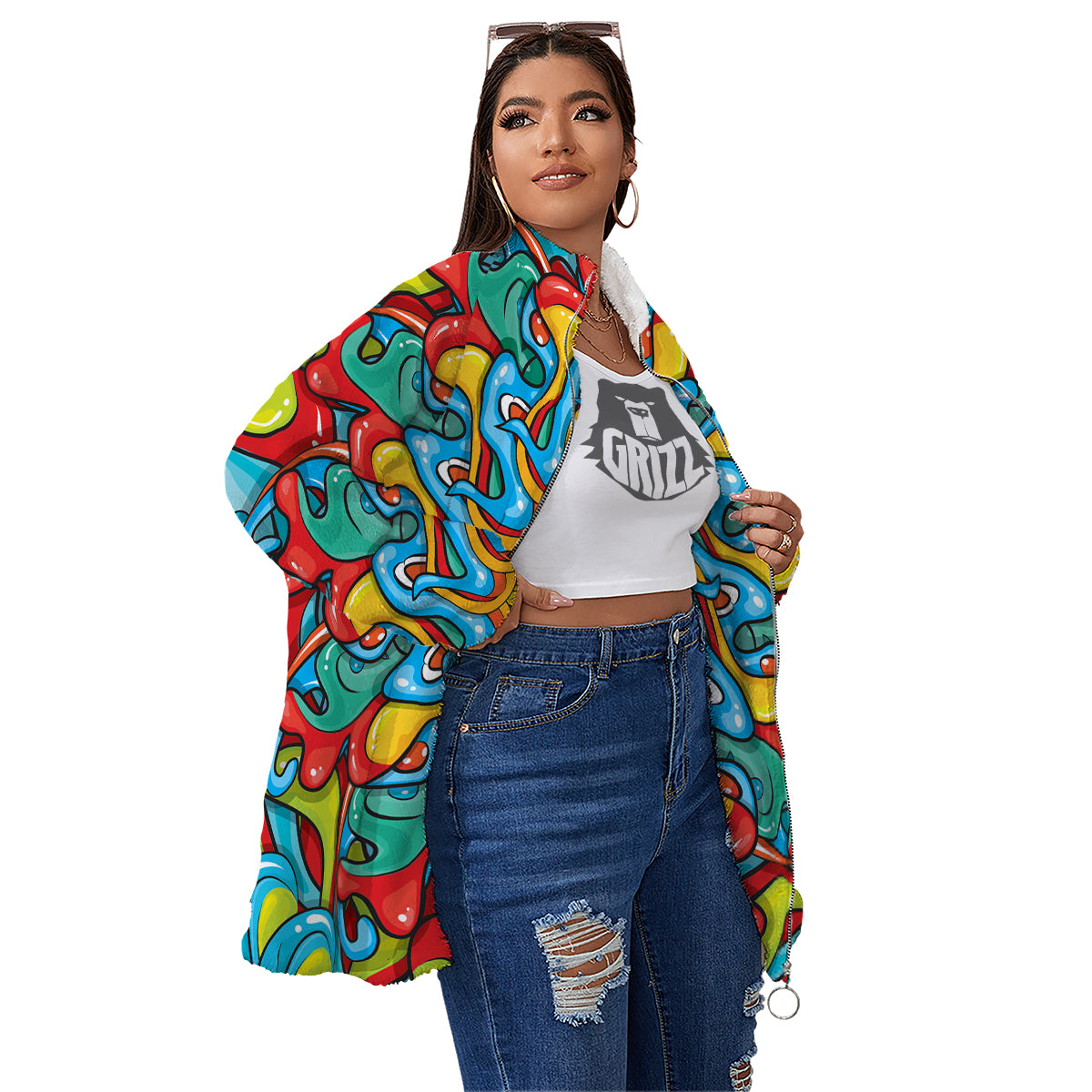 Multicolor Psychedelic Hippie Print Women's Sherpa Jacket-grizzshop
