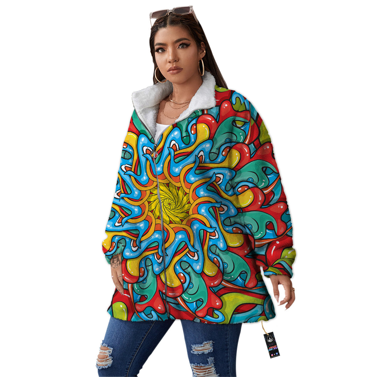 Multicolor Psychedelic Hippie Print Women's Sherpa Jacket-grizzshop
