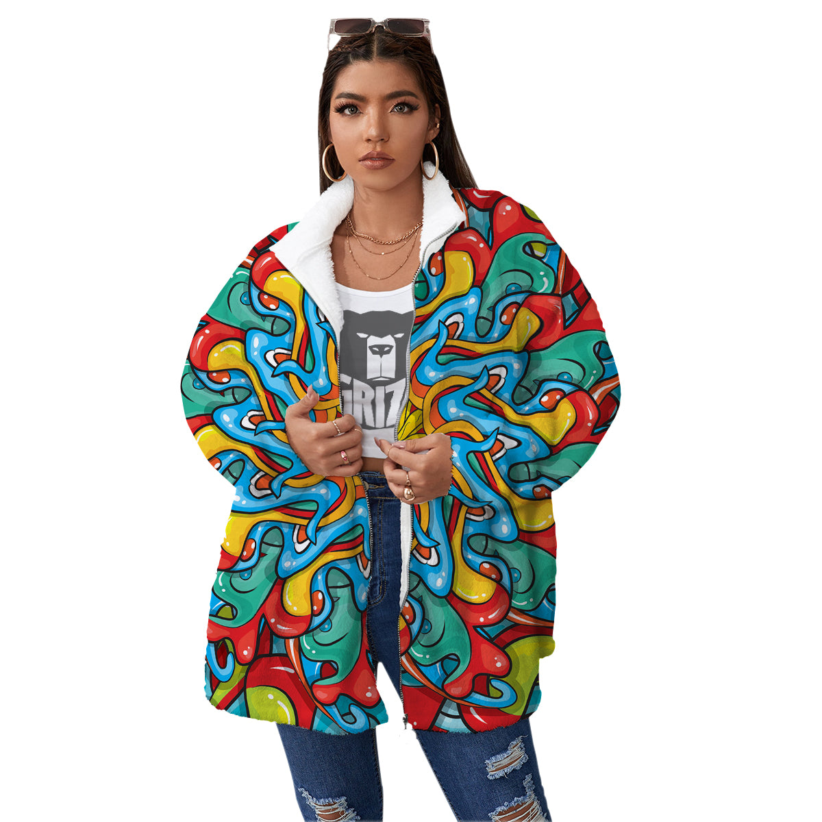 Multicolor Psychedelic Hippie Print Women's Sherpa Jacket-grizzshop