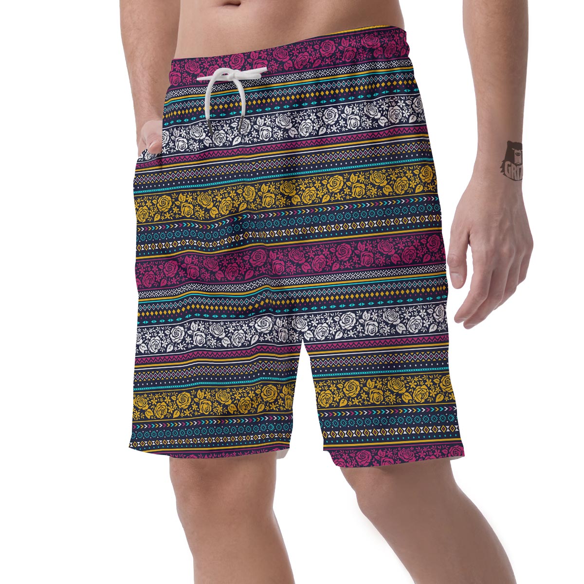 Multicolor Rose Floral Abstract Tribal Aztec Men's Shorts-grizzshop