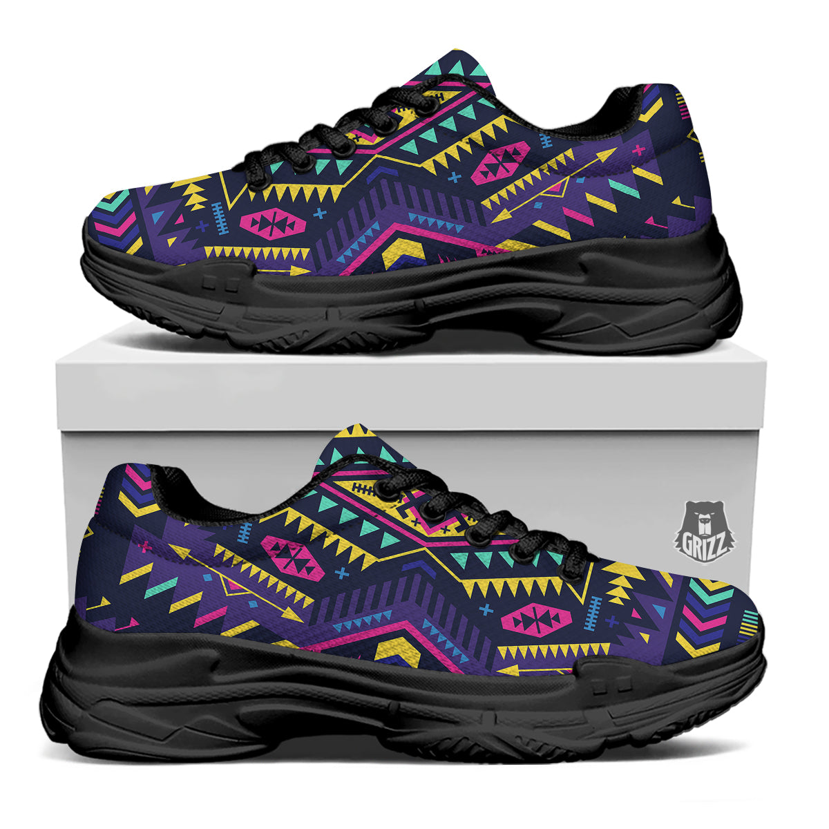 Multicolor Tribal Navajo Geometric Print Black Chunky Shoes-grizzshop