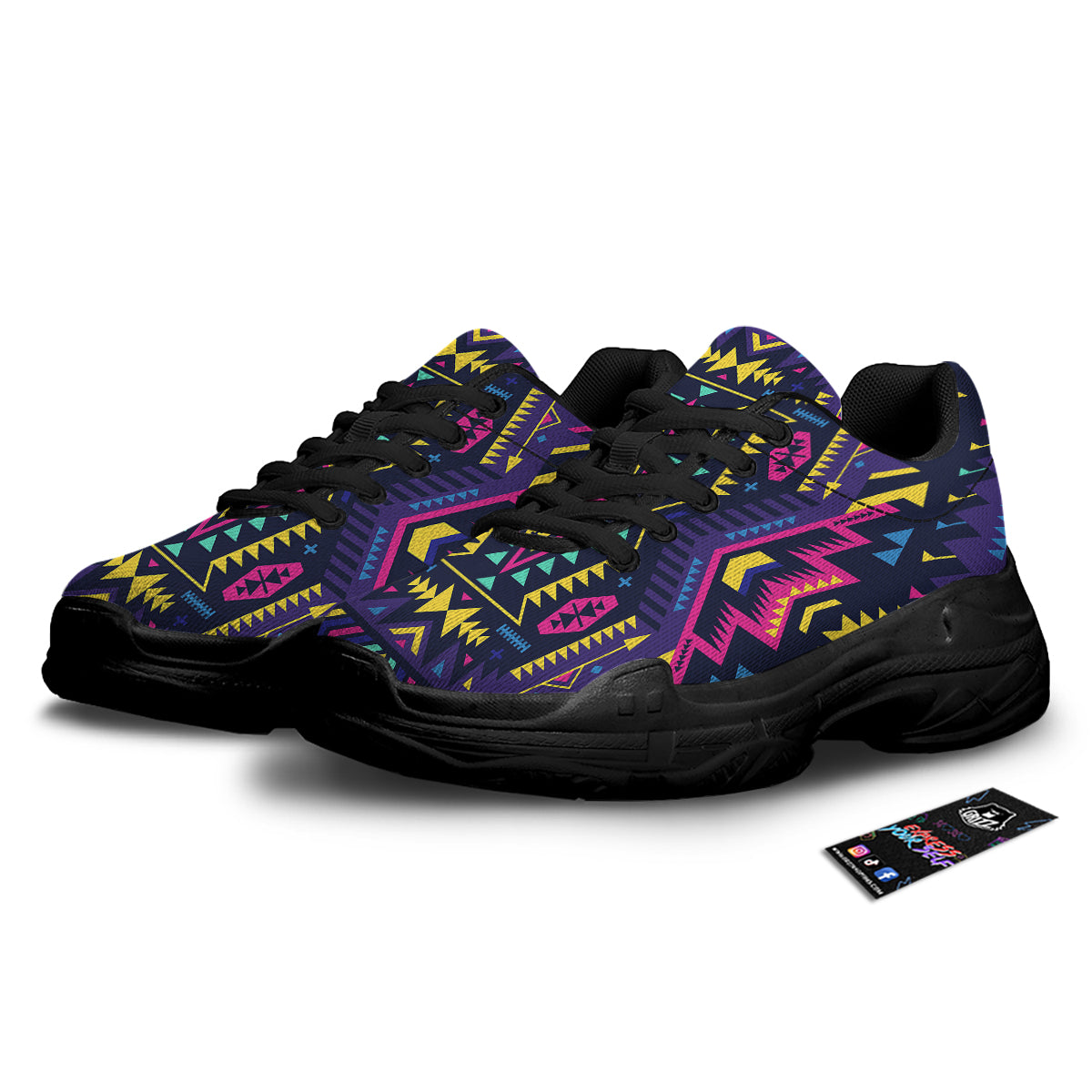 Multicolor Tribal Navajo Geometric Print Black Chunky Shoes-grizzshop