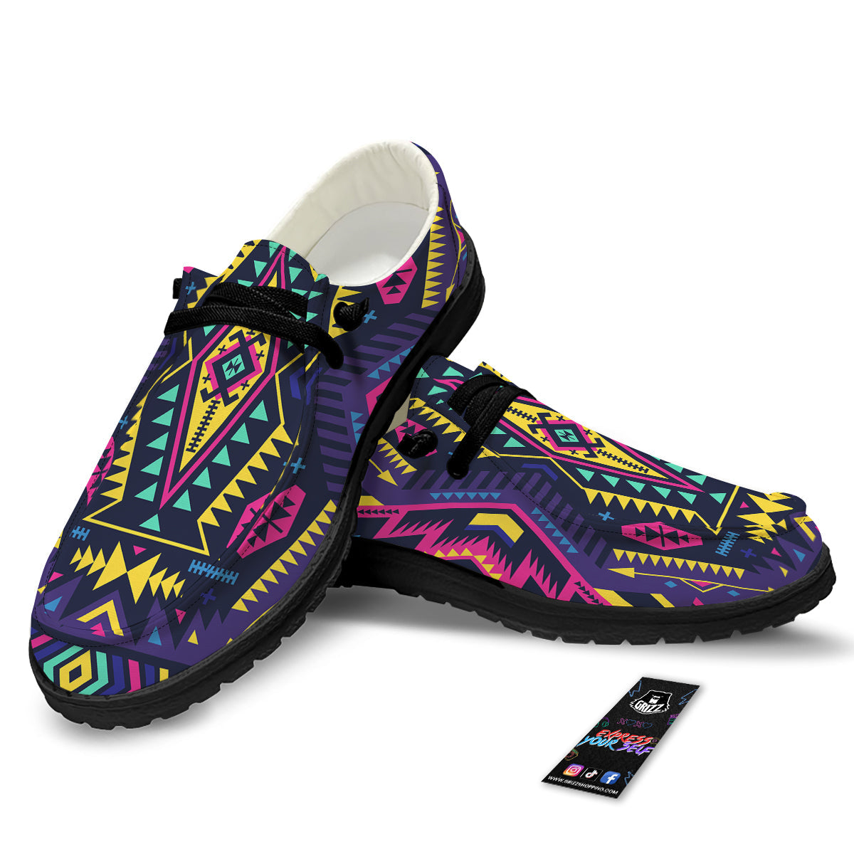Multicolor Tribal Navajo Geometric Print Black Loafers-grizzshop