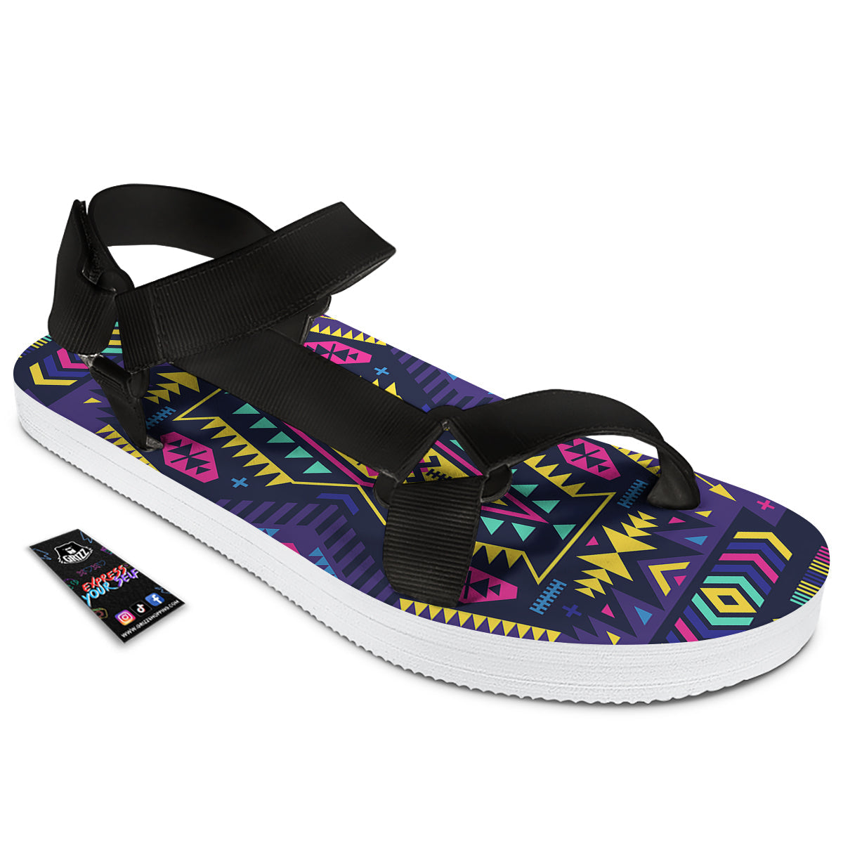 Multicolor Tribal Navajo Geometric Print Black Open Toe Sandals-grizzshop