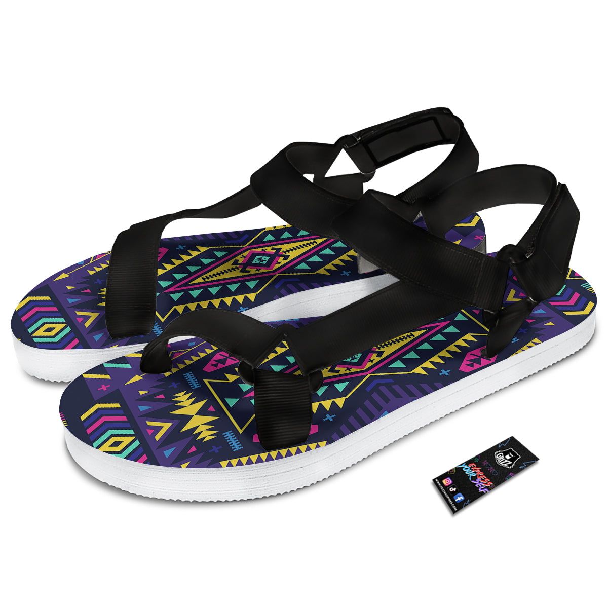 Multicolor Tribal Navajo Geometric Print Black Open Toe Sandals-grizzshop