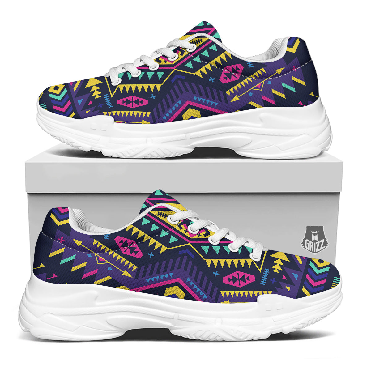 Multicolor Tribal Navajo Geometric Print White Chunky Shoes-grizzshop