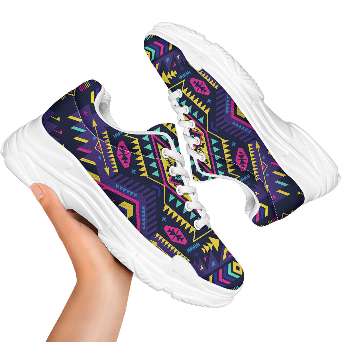 Multicolor Tribal Navajo Geometric Print White Chunky Shoes-grizzshop