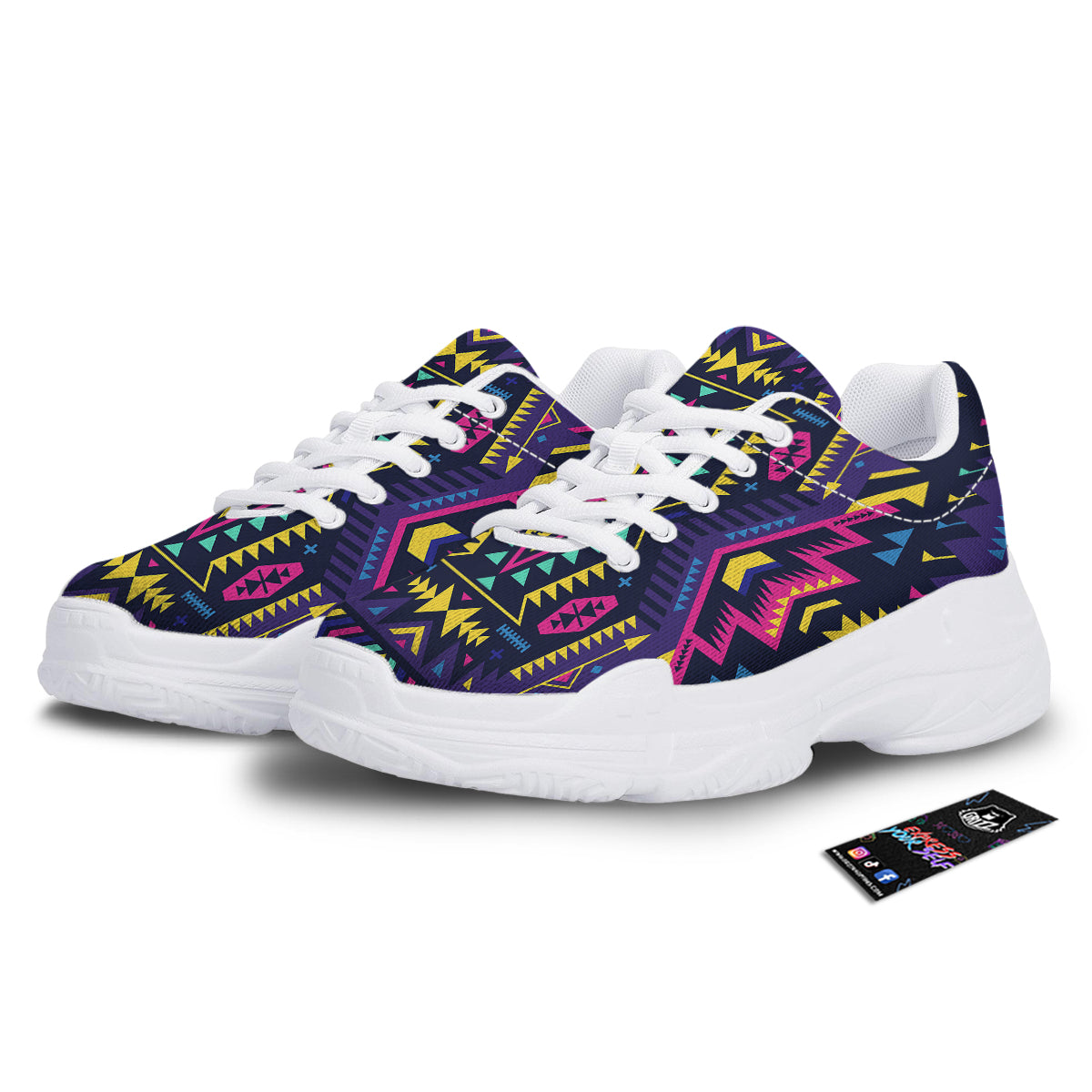 Multicolor Tribal Navajo Geometric Print White Chunky Shoes-grizzshop