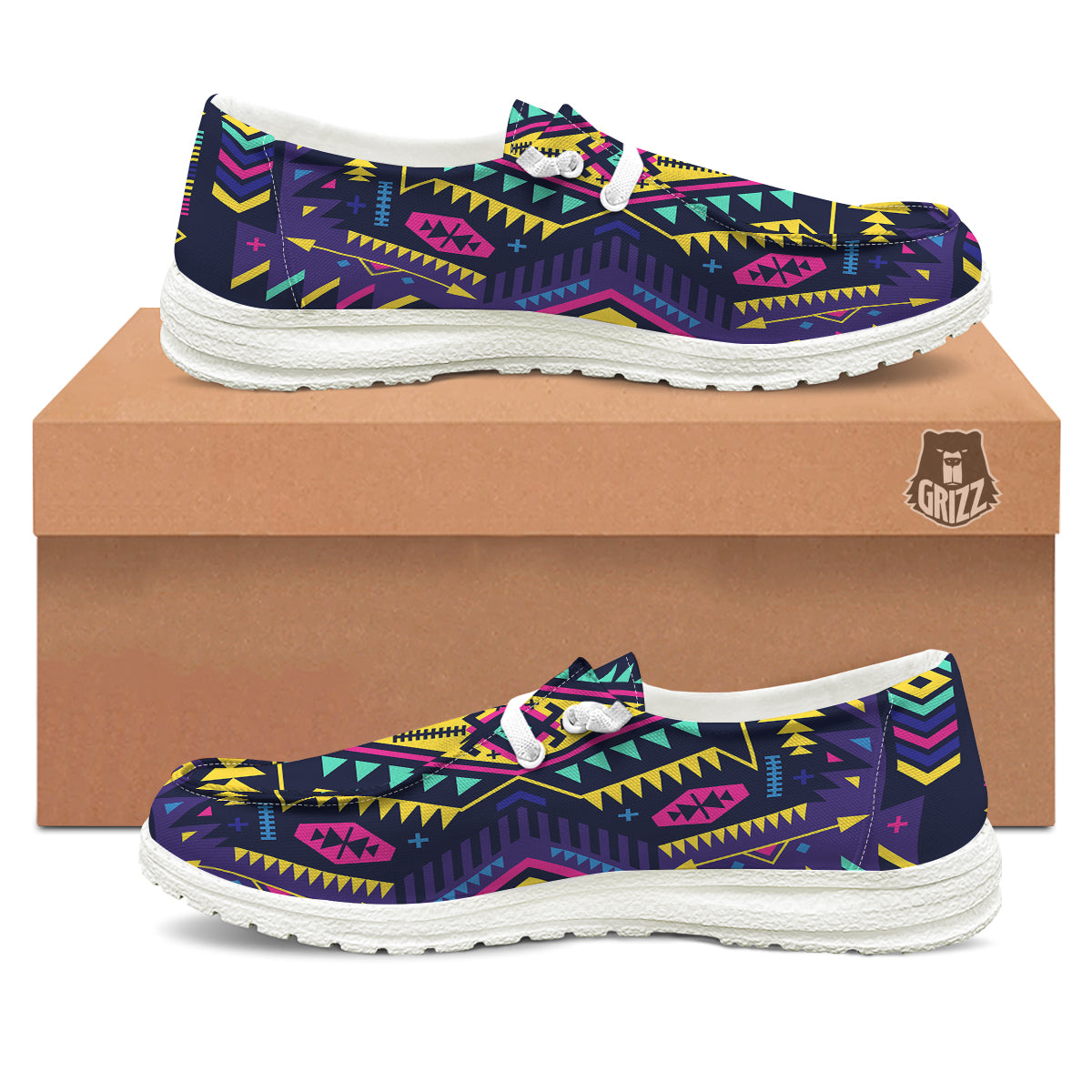 Multicolor Tribal Navajo Geometric Print White Loafers-grizzshop
